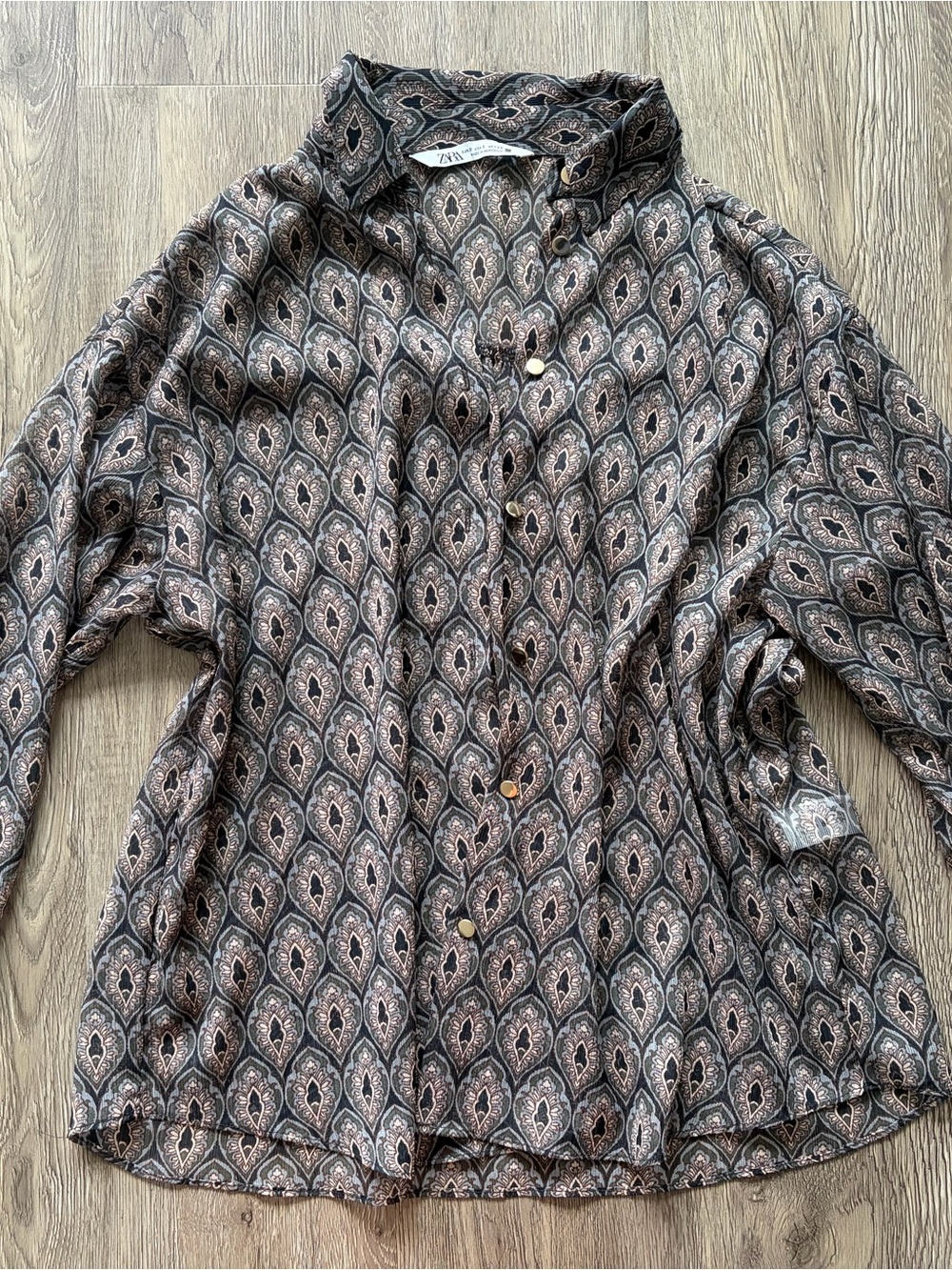Zara brown and black paisley button-up blouse